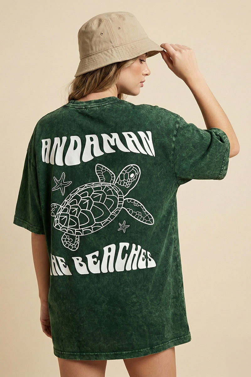 "Andaman The Beaches" Sea Turtle Acid Wash Green Oversized T-Shirt