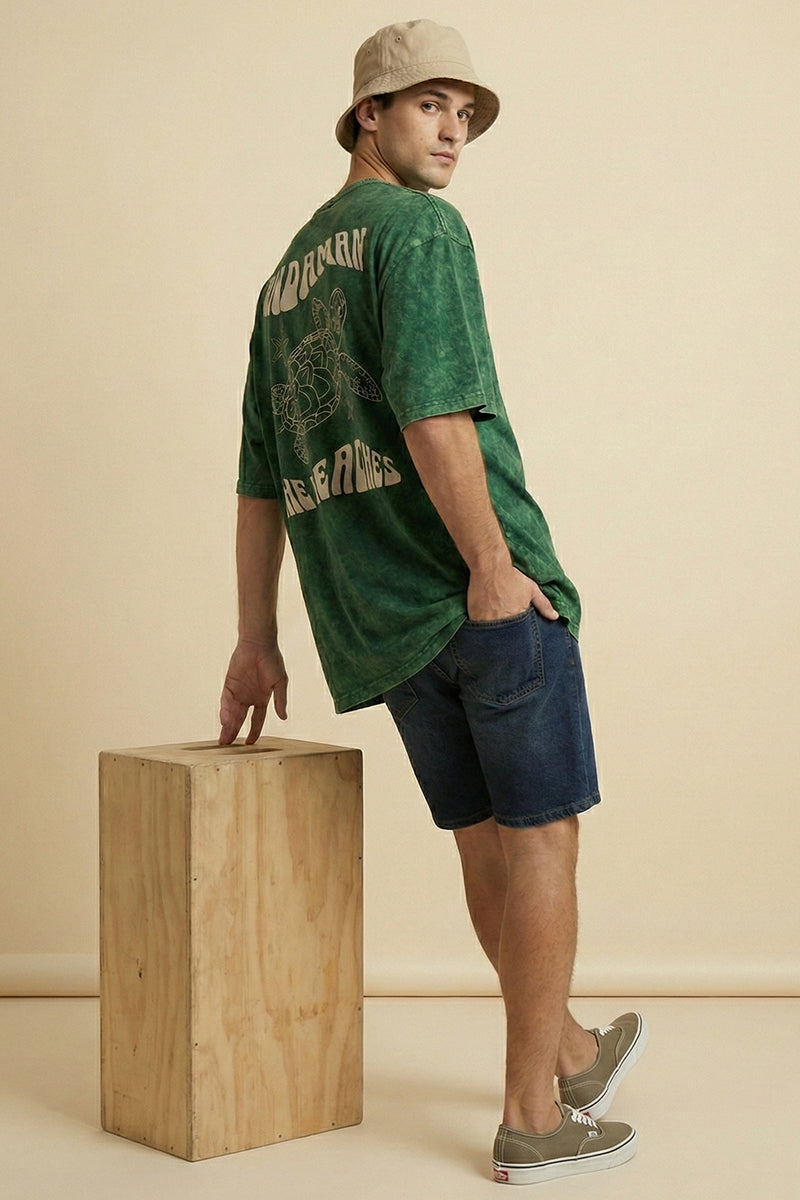 "Andaman The Beaches" Sea Turtle Acid Wash Green Oversized T-Shirt