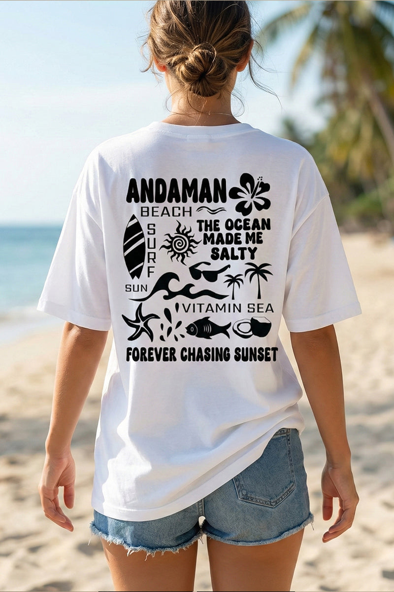 Forever Chasing Sunset – Andaman Beach Vibes White Oversized T-Shirt
