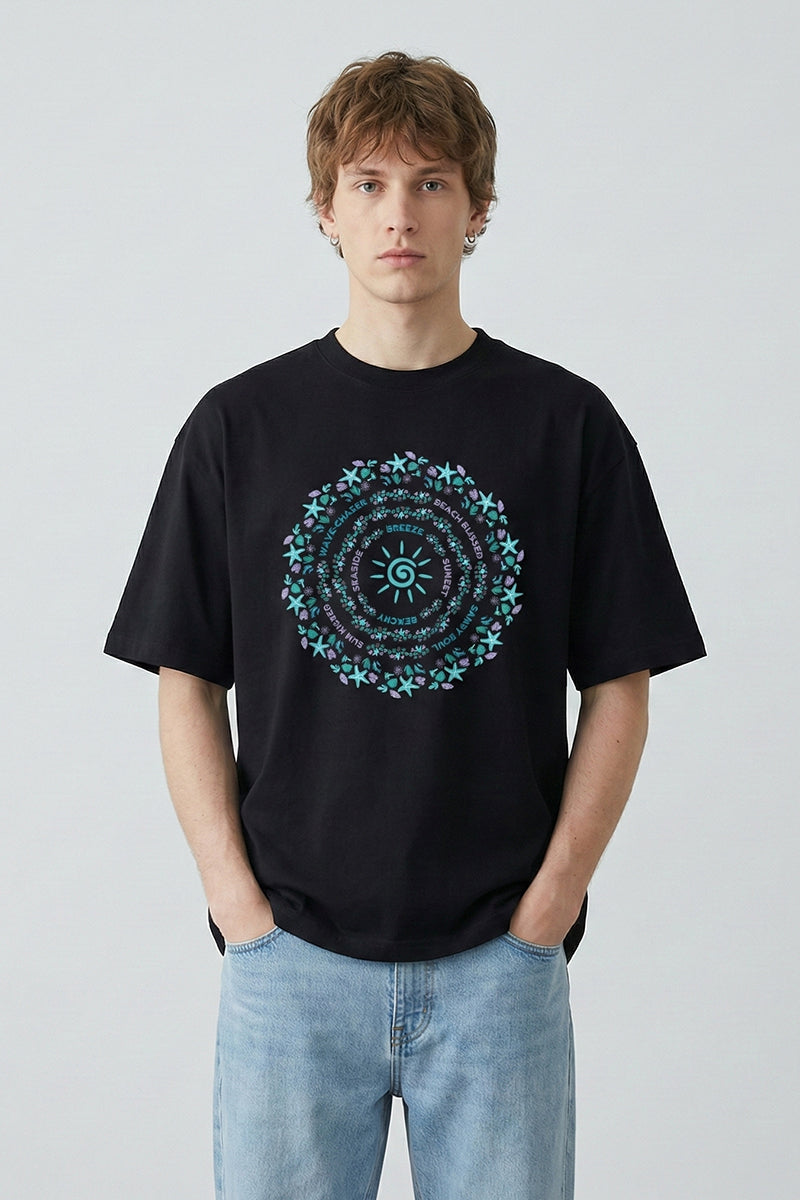 "Beach Mandala Circle" Black Oversized T-Shirt