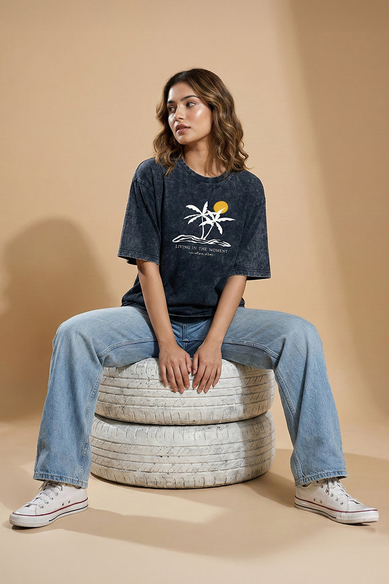 "Living in the Moment" Vintage Navy Acid Wash Oversized T-Shirt